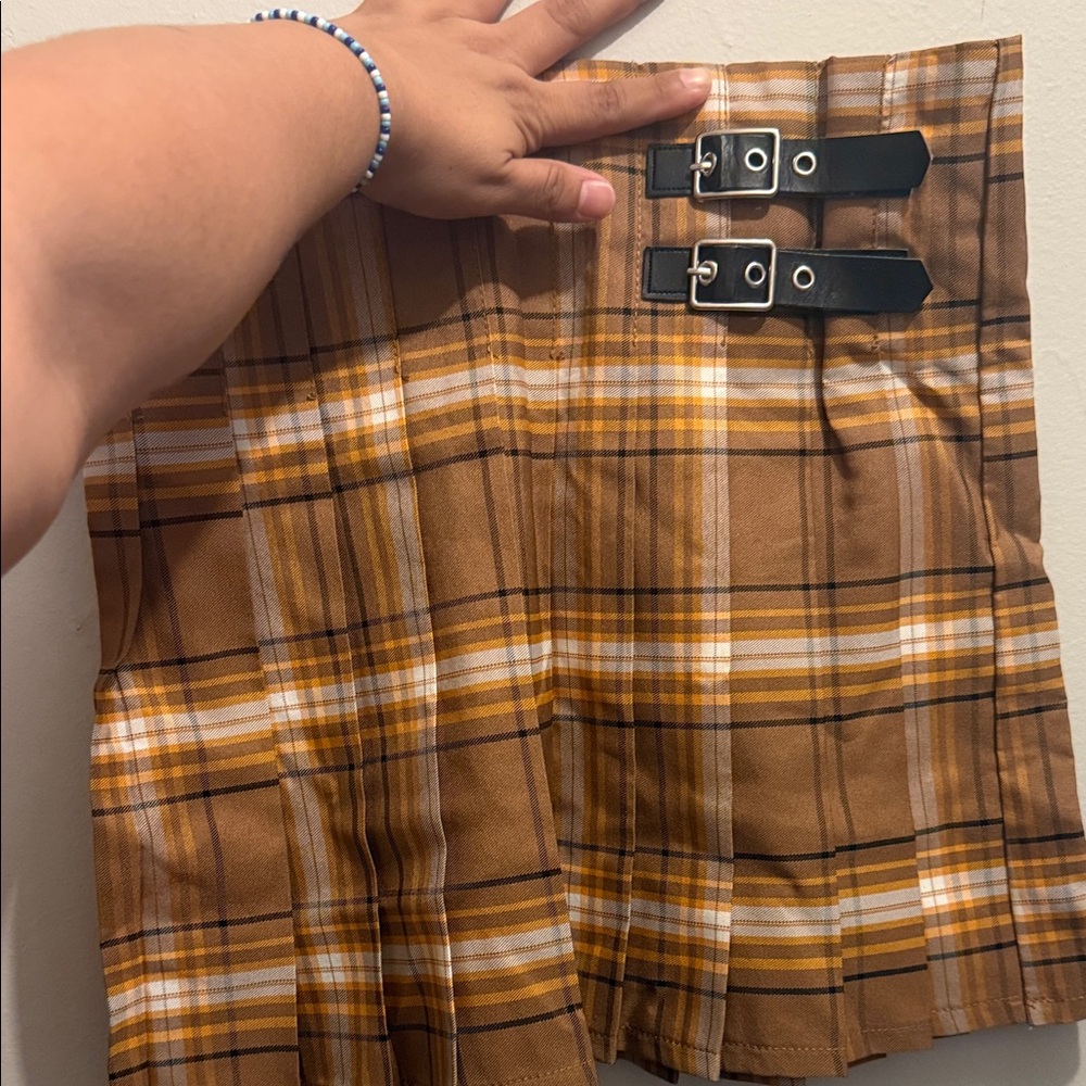 NOBO Brown Plaid Skirt with Black Buckles